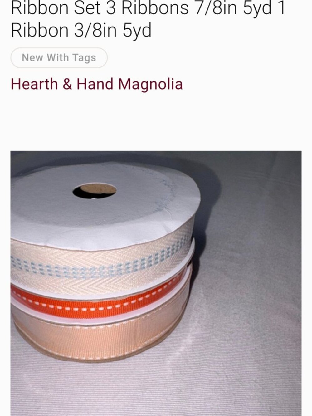 Hearth Hand Magnolia Fabric Ribbon Set 3 Ribbons 7/8in 5yd 1 Ribbon 3/8in 5yd
